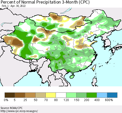 China, Mongolia and Taiwan Percent of Normal Precipitation 3-Month (CPC) Thematic Map For 2/1/2022 - 4/30/2022