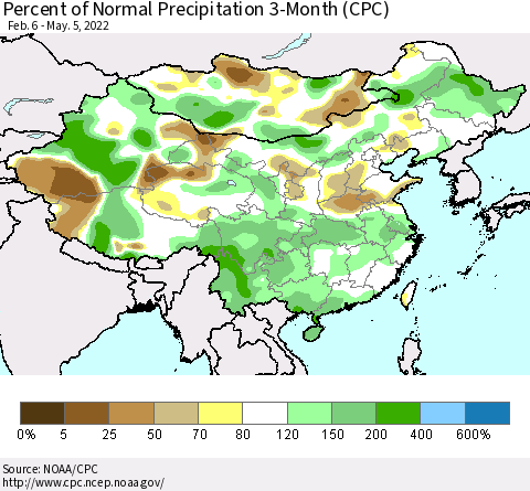 China, Mongolia and Taiwan Percent of Normal Precipitation 3-Month (CPC) Thematic Map For 2/6/2022 - 5/5/2022
