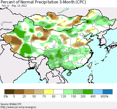 China, Mongolia and Taiwan Percent of Normal Precipitation 3-Month (CPC) Thematic Map For 2/11/2022 - 5/10/2022