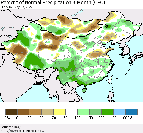 China, Mongolia and Taiwan Percent of Normal Precipitation 3-Month (CPC) Thematic Map For 2/16/2022 - 5/15/2022