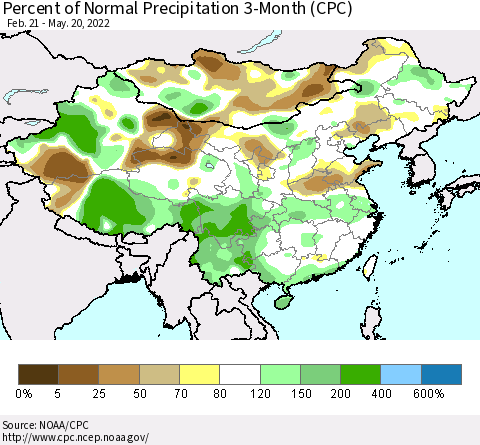 China, Mongolia and Taiwan Percent of Normal Precipitation 3-Month (CPC) Thematic Map For 2/21/2022 - 5/20/2022