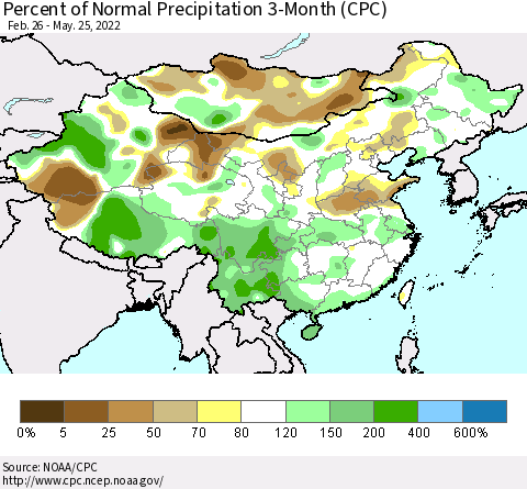 China, Mongolia and Taiwan Percent of Normal Precipitation 3-Month (CPC) Thematic Map For 2/26/2022 - 5/25/2022