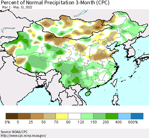 China, Mongolia and Taiwan Percent of Normal Precipitation 3-Month (CPC) Thematic Map For 3/1/2022 - 5/31/2022