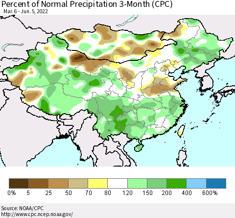 China, Mongolia and Taiwan Percent of Normal Precipitation 3-Month (CPC) Thematic Map For 3/6/2022 - 6/5/2022
