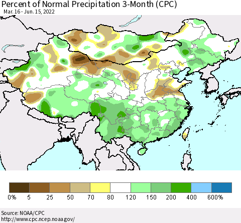China, Mongolia and Taiwan Percent of Normal Precipitation 3-Month (CPC) Thematic Map For 3/16/2022 - 6/15/2022