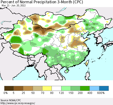 China, Mongolia and Taiwan Percent of Normal Precipitation 3-Month (CPC) Thematic Map For 3/21/2022 - 6/20/2022