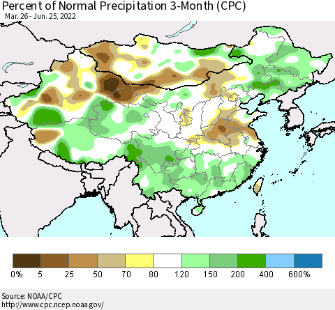 China, Mongolia and Taiwan Percent of Normal Precipitation 3-Month (CPC) Thematic Map For 3/26/2022 - 6/25/2022