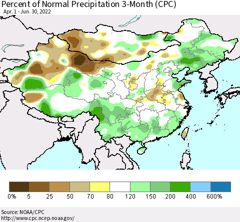 China, Mongolia and Taiwan Percent of Normal Precipitation 3-Month (CPC) Thematic Map For 4/1/2022 - 6/30/2022