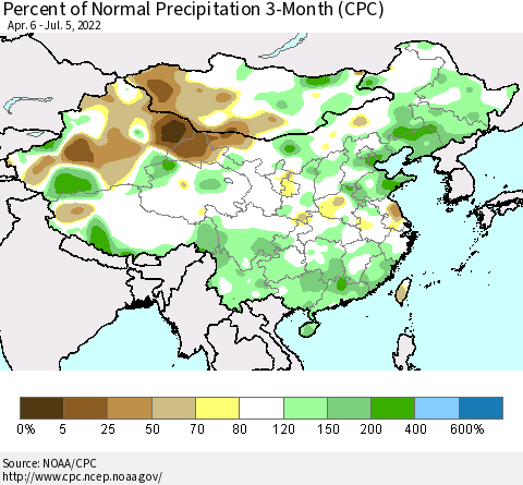 China, Mongolia and Taiwan Percent of Normal Precipitation 3-Month (CPC) Thematic Map For 4/6/2022 - 7/5/2022