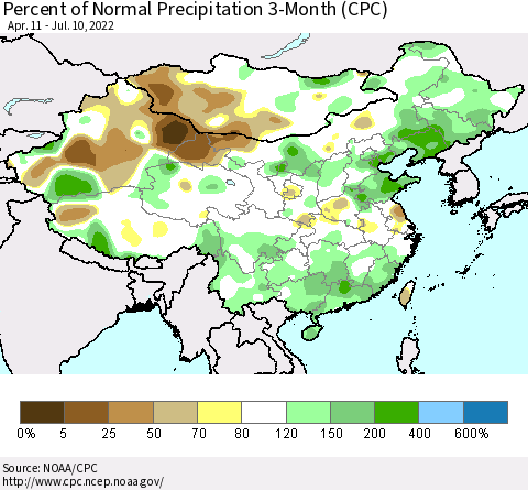 China, Mongolia and Taiwan Percent of Normal Precipitation 3-Month (CPC) Thematic Map For 4/11/2022 - 7/10/2022