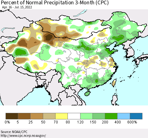 China, Mongolia and Taiwan Percent of Normal Precipitation 3-Month (CPC) Thematic Map For 4/16/2022 - 7/15/2022