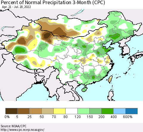 China, Mongolia and Taiwan Percent of Normal Precipitation 3-Month (CPC) Thematic Map For 4/21/2022 - 7/20/2022