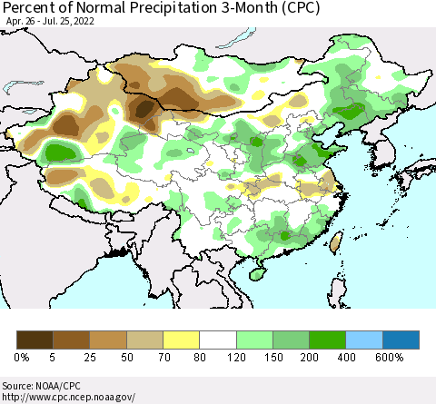 China, Mongolia and Taiwan Percent of Normal Precipitation 3-Month (CPC) Thematic Map For 4/26/2022 - 7/25/2022
