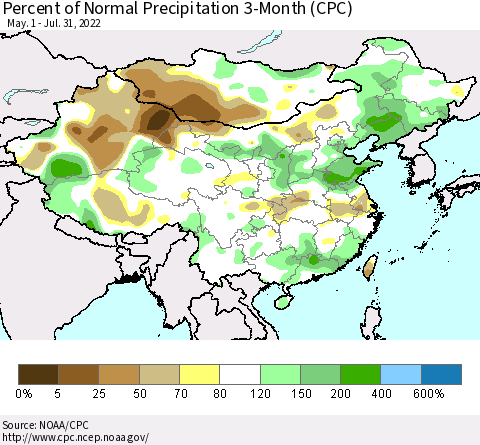 China, Mongolia and Taiwan Percent of Normal Precipitation 3-Month (CPC) Thematic Map For 5/1/2022 - 7/31/2022