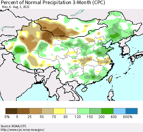 China, Mongolia and Taiwan Percent of Normal Precipitation 3-Month (CPC) Thematic Map For 5/6/2022 - 8/5/2022