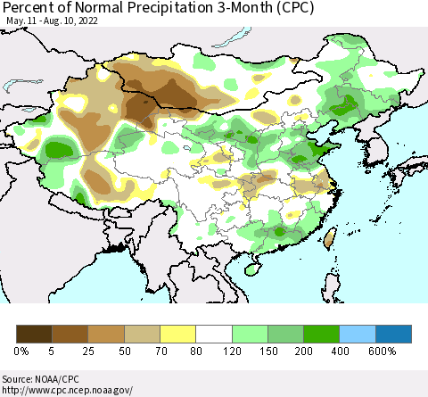 China, Mongolia and Taiwan Percent of Normal Precipitation 3-Month (CPC) Thematic Map For 5/11/2022 - 8/10/2022