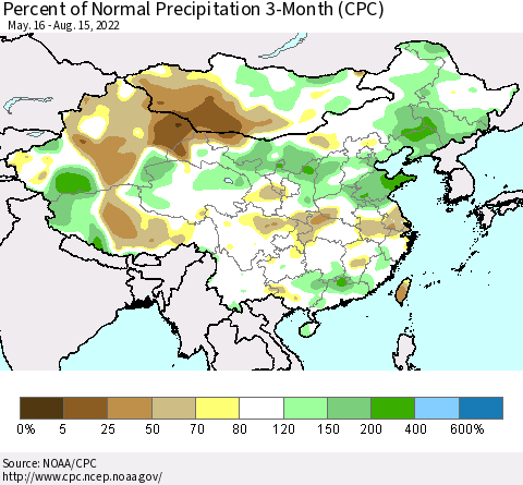 China, Mongolia and Taiwan Percent of Normal Precipitation 3-Month (CPC) Thematic Map For 5/16/2022 - 8/15/2022