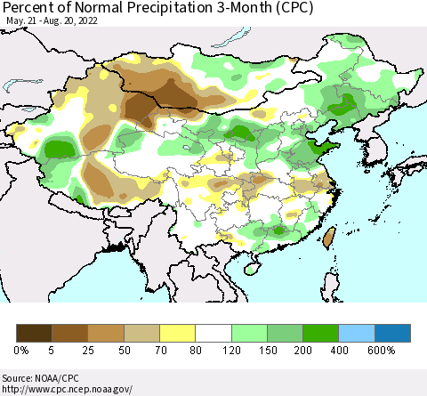 China, Mongolia and Taiwan Percent of Normal Precipitation 3-Month (CPC) Thematic Map For 5/21/2022 - 8/20/2022