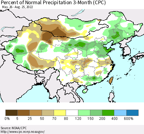 China, Mongolia and Taiwan Percent of Normal Precipitation 3-Month (CPC) Thematic Map For 5/26/2022 - 8/25/2022