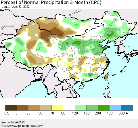 China, Mongolia and Taiwan Percent of Normal Precipitation 3-Month (CPC) Thematic Map For 6/1/2022 - 8/31/2022