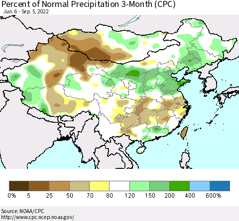 China, Mongolia and Taiwan Percent of Normal Precipitation 3-Month (CPC) Thematic Map For 6/6/2022 - 9/5/2022