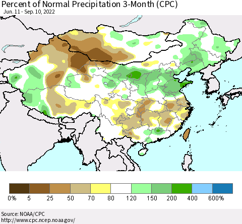 China, Mongolia and Taiwan Percent of Normal Precipitation 3-Month (CPC) Thematic Map For 6/11/2022 - 9/10/2022