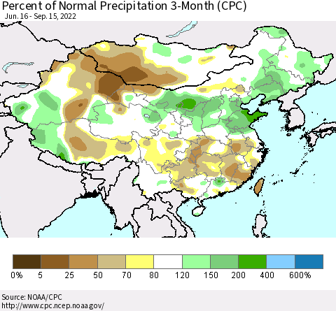 China, Mongolia and Taiwan Percent of Normal Precipitation 3-Month (CPC) Thematic Map For 6/16/2022 - 9/15/2022