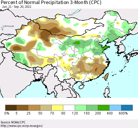 China, Mongolia and Taiwan Percent of Normal Precipitation 3-Month (CPC) Thematic Map For 6/21/2022 - 9/20/2022