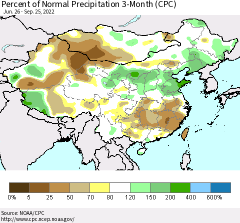 China, Mongolia and Taiwan Percent of Normal Precipitation 3-Month (CPC) Thematic Map For 6/26/2022 - 9/25/2022