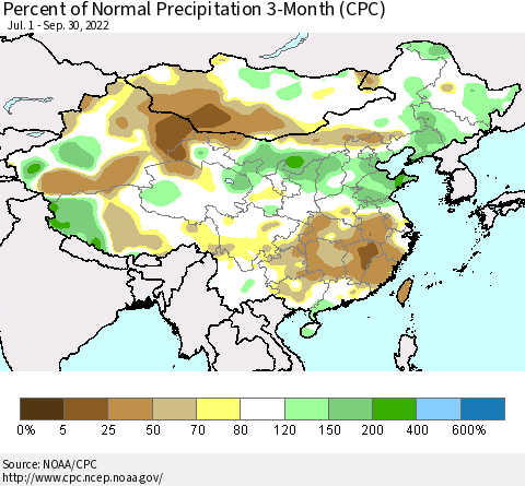 China, Mongolia and Taiwan Percent of Normal Precipitation 3-Month (CPC) Thematic Map For 7/1/2022 - 9/30/2022