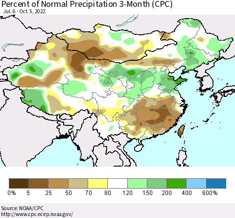 China, Mongolia and Taiwan Percent of Normal Precipitation 3-Month (CPC) Thematic Map For 7/6/2022 - 10/5/2022