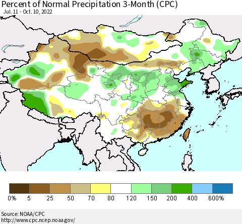 China, Mongolia and Taiwan Percent of Normal Precipitation 3-Month (CPC) Thematic Map For 7/11/2022 - 10/10/2022