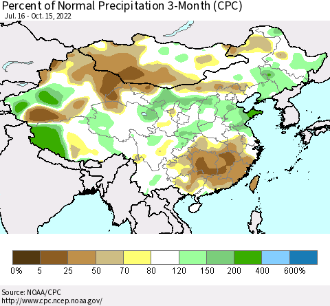 China, Mongolia and Taiwan Percent of Normal Precipitation 3-Month (CPC) Thematic Map For 7/16/2022 - 10/15/2022