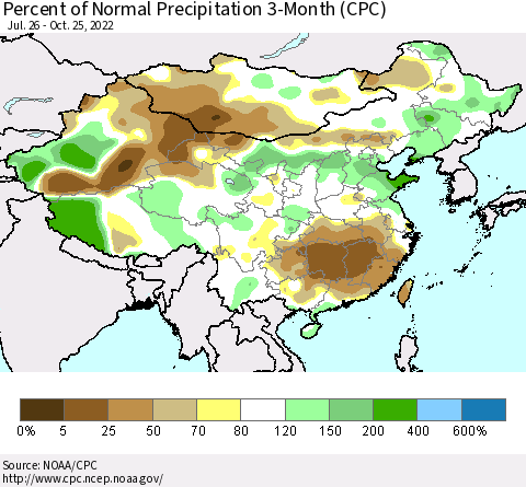 China, Mongolia and Taiwan Percent of Normal Precipitation 3-Month (CPC) Thematic Map For 7/26/2022 - 10/25/2022