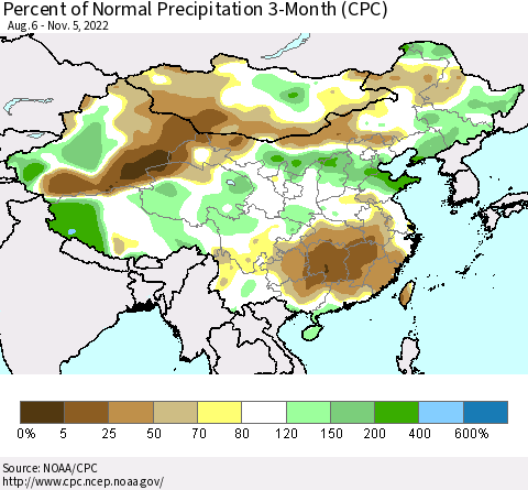China, Mongolia and Taiwan Percent of Normal Precipitation 3-Month (CPC) Thematic Map For 8/6/2022 - 11/5/2022
