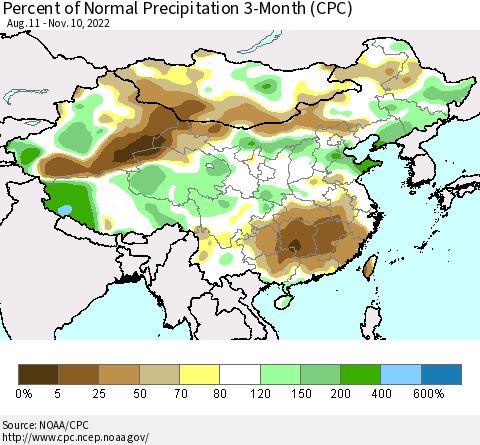China, Mongolia and Taiwan Percent of Normal Precipitation 3-Month (CPC) Thematic Map For 8/11/2022 - 11/10/2022