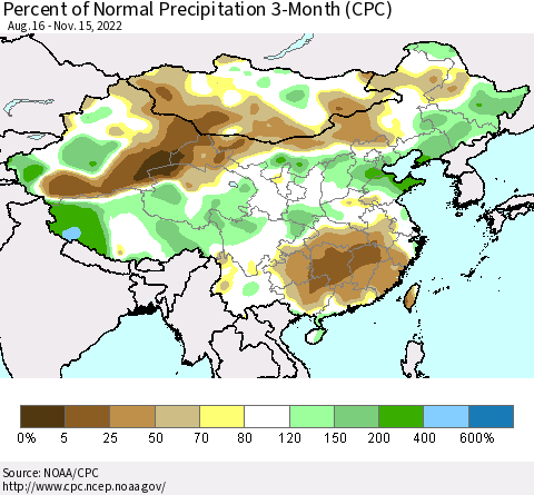 China, Mongolia and Taiwan Percent of Normal Precipitation 3-Month (CPC) Thematic Map For 8/16/2022 - 11/15/2022