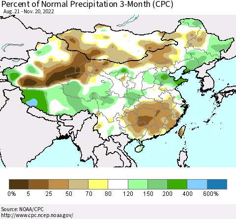 China, Mongolia and Taiwan Percent of Normal Precipitation 3-Month (CPC) Thematic Map For 8/21/2022 - 11/20/2022