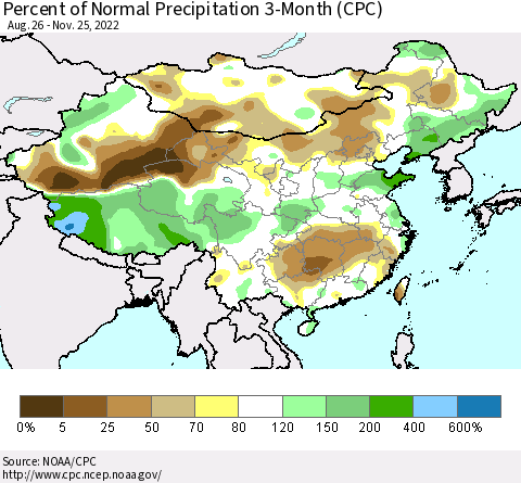 China, Mongolia and Taiwan Percent of Normal Precipitation 3-Month (CPC) Thematic Map For 8/26/2022 - 11/25/2022