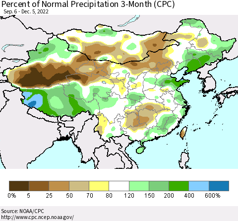 China, Mongolia and Taiwan Percent of Normal Precipitation 3-Month (CPC) Thematic Map For 9/6/2022 - 12/5/2022
