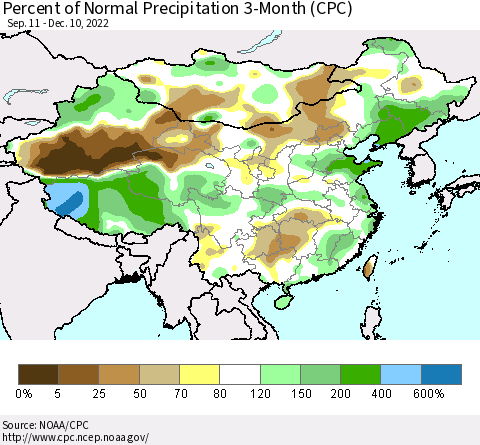 China, Mongolia and Taiwan Percent of Normal Precipitation 3-Month (CPC) Thematic Map For 9/11/2022 - 12/10/2022