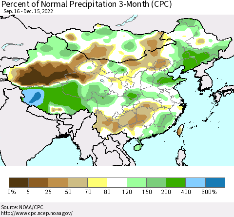 China, Mongolia and Taiwan Percent of Normal Precipitation 3-Month (CPC) Thematic Map For 9/16/2022 - 12/15/2022
