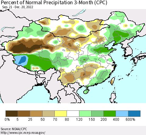 China, Mongolia and Taiwan Percent of Normal Precipitation 3-Month (CPC) Thematic Map For 9/21/2022 - 12/20/2022