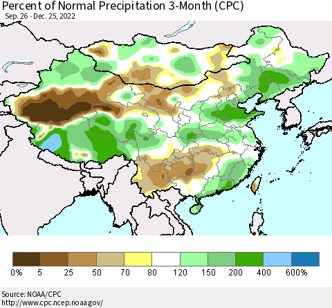 China, Mongolia and Taiwan Percent of Normal Precipitation 3-Month (CPC) Thematic Map For 9/26/2022 - 12/25/2022
