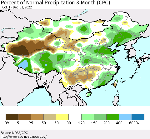 China, Mongolia and Taiwan Percent of Normal Precipitation 3-Month (CPC) Thematic Map For 10/1/2022 - 12/31/2022