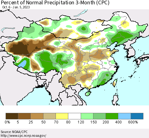 China, Mongolia and Taiwan Percent of Normal Precipitation 3-Month (CPC) Thematic Map For 10/6/2022 - 1/5/2023