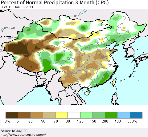 China, Mongolia and Taiwan Percent of Normal Precipitation 3-Month (CPC) Thematic Map For 10/11/2022 - 1/10/2023