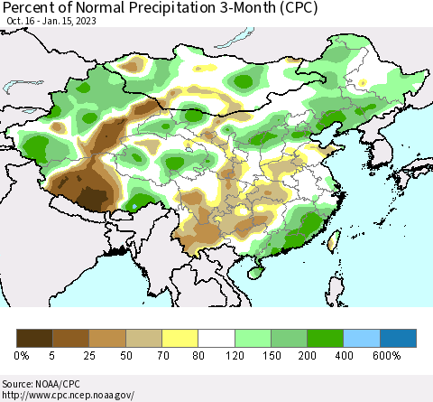 China, Mongolia and Taiwan Percent of Normal Precipitation 3-Month (CPC) Thematic Map For 10/16/2022 - 1/15/2023