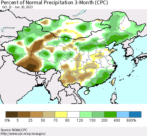China, Mongolia and Taiwan Percent of Normal Precipitation 3-Month (CPC) Thematic Map For 10/21/2022 - 1/20/2023