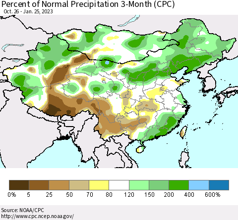 China, Mongolia and Taiwan Percent of Normal Precipitation 3-Month (CPC) Thematic Map For 10/26/2022 - 1/25/2023